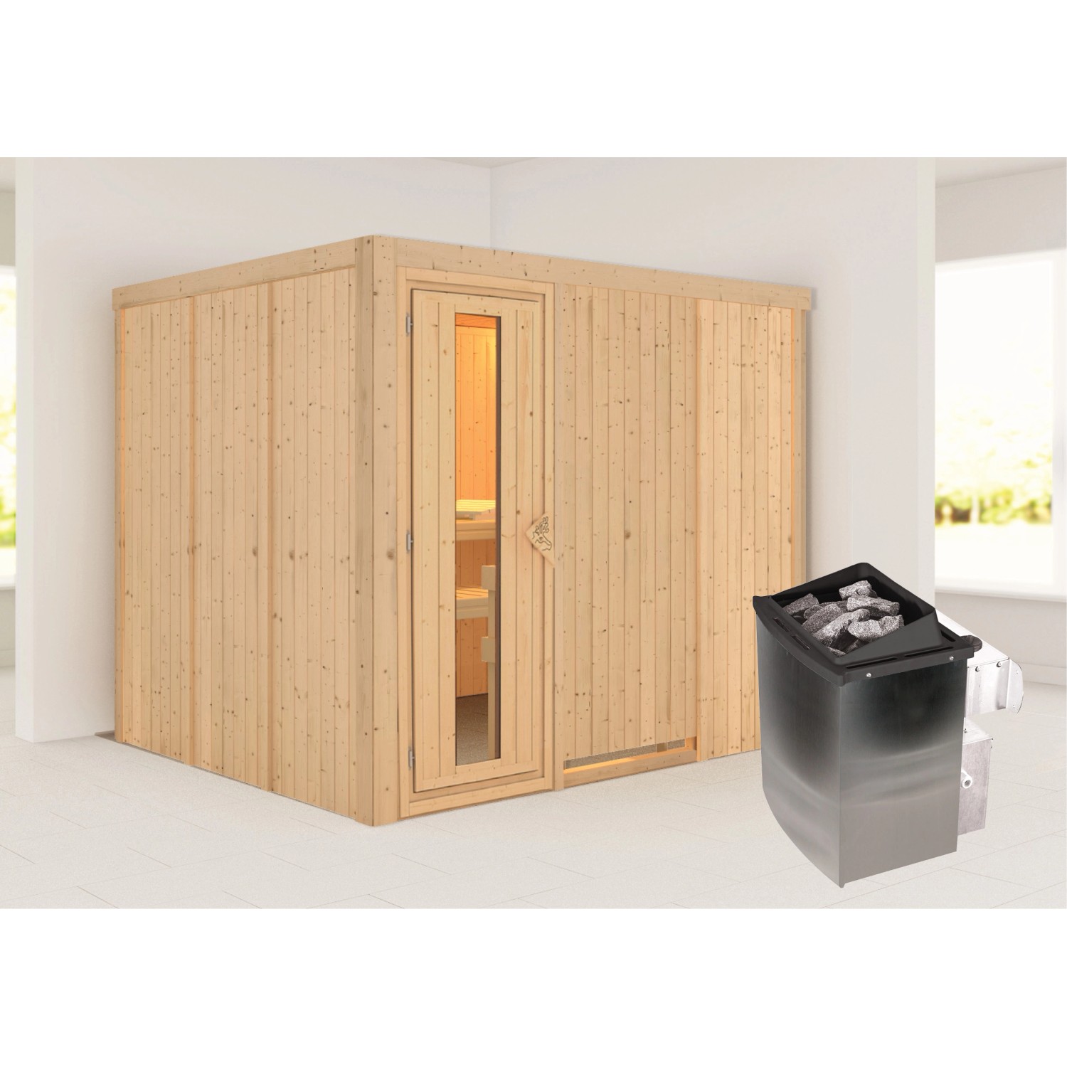 Karibu Sauna Gunda mit Ofen intergrierte Steuerungtü Natur