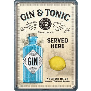 Nostalgic-Art Blechpostkarte "Gin & Tonic Served Here" (10x14cm) mit Gin-Flasche und Zitrone.