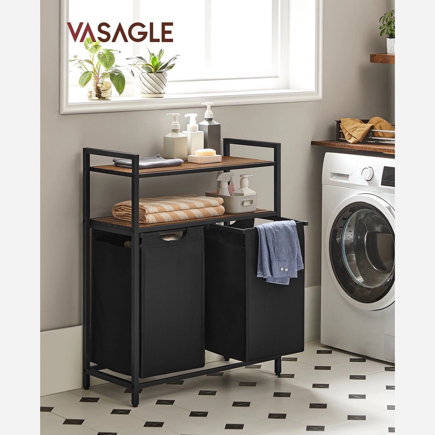 Vasagle Wäschekorb mit 2 Fächern, braun-schwarz, 92 Liter Fassungsvermögen, mit Ablagen.