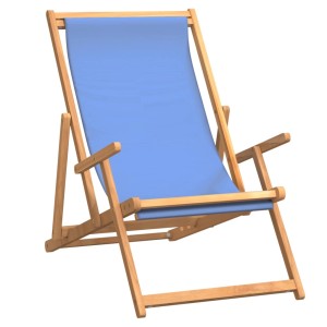 Klappbarer vidaXL Strandstuhl aus Teakholz mit blauem Stoffbezug.