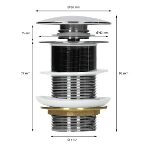 Detailaufnahme Ablaufgarnitur für ML-Design Handwaschbecken, chromfarben, mit Maßangaben.
