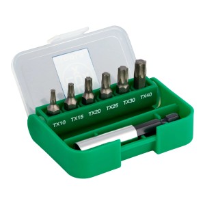 LUX TX Bitbox, 7-teilig, mit Bits TX10 bis TX40 und Bithalter in grüner Box.