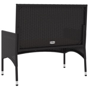 Schwarze 2-Sitzer Gartenbank aus Poly Rattan mit Kissen, Rückansicht.