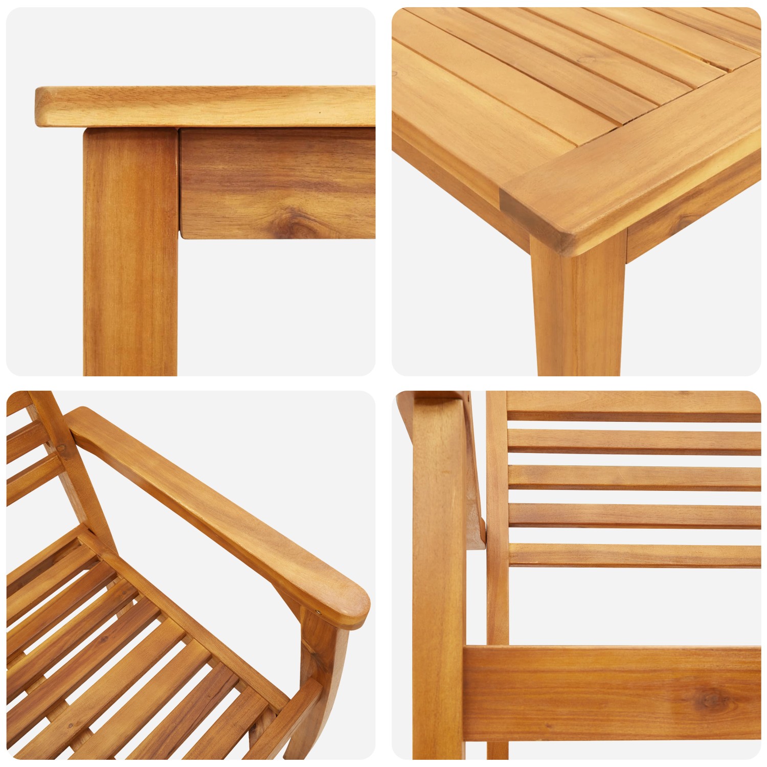 vidaXL Garten-Essgruppe aus Akazienholz, 3-teilig, brauner Tisch und Stühle im Detail.