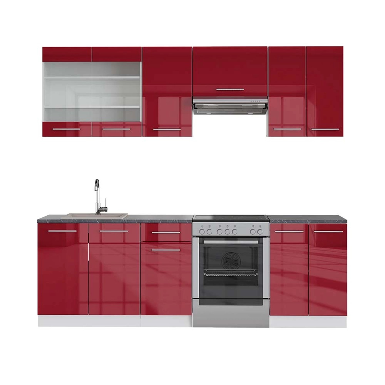 Vicco Fame-Line Küchenzeile Bordeaux Hochglanz/Weiß 240 cm AP Anthrazit günstig online kaufen