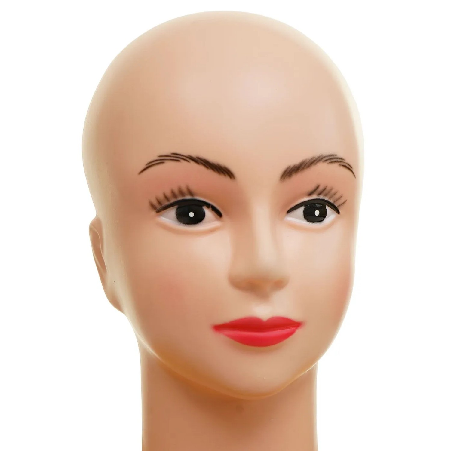 Weiblicher Mannequin-Kopf aus Polypropylen für Perücken, Schmuck und Accessoires. Geschminktes Gesicht, haarlos.