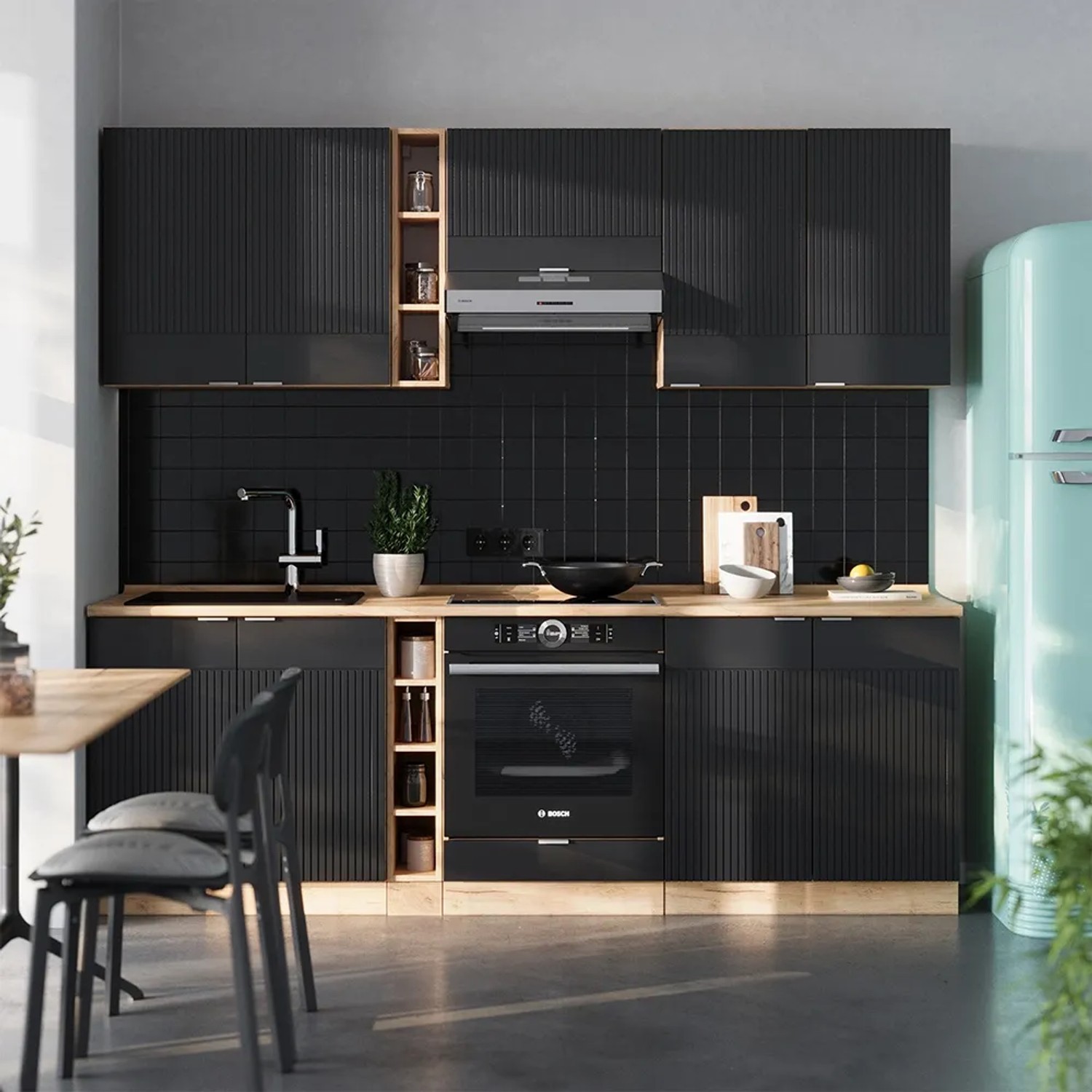 Moderne Vicco Küchenzeile Fame-Line in Schwarz/Goldkraft Eiche mit Marmor Arbeitsplatte, 235 cm breit.