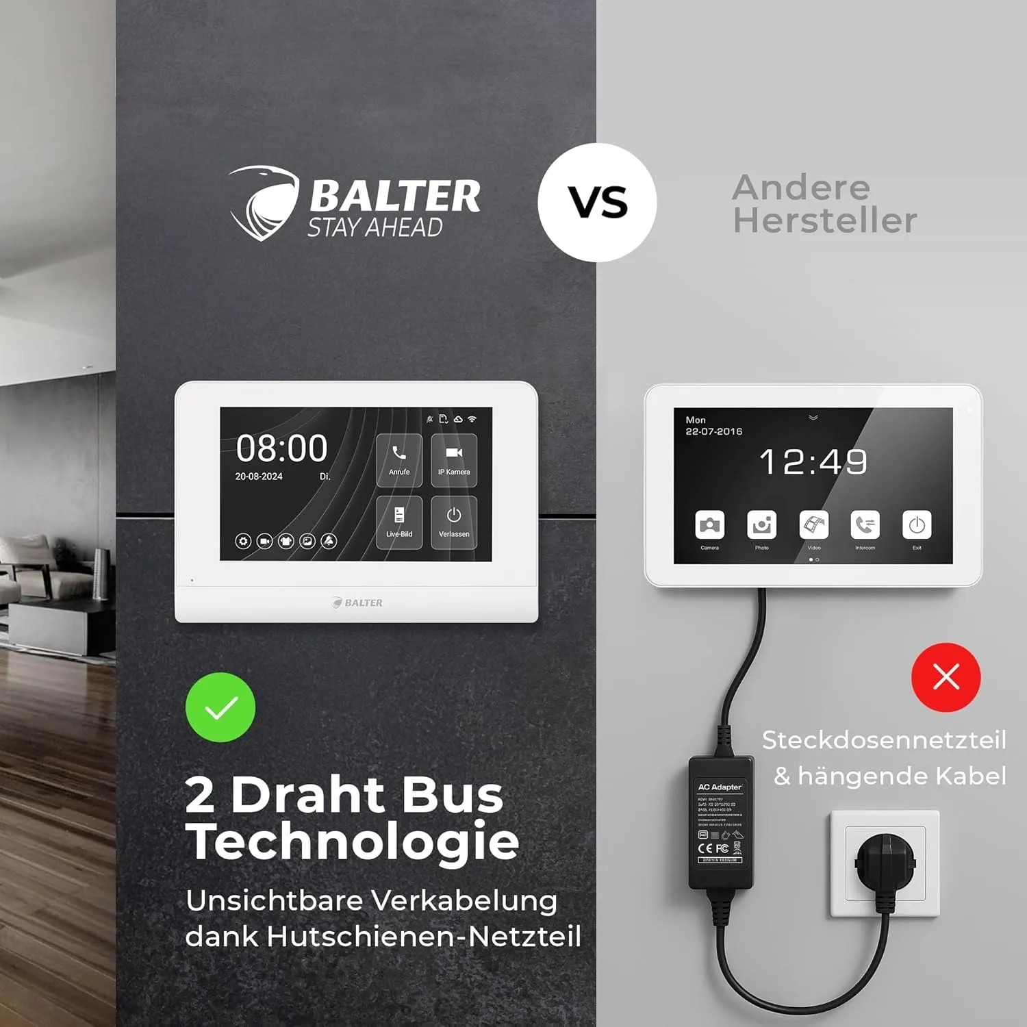 Vergleich: Balter Video Türsprechanlage mit App (links) vs. herkömmliche Anlage mit sichtbarer Verkabelung (rechts).