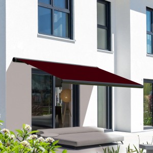 Elektrische Kassettenmarkise, basaltgraue Kassette, Tuchfarbe Beere, Maße 4.0x3.0 m. Sonnenschutz für Terrasse.