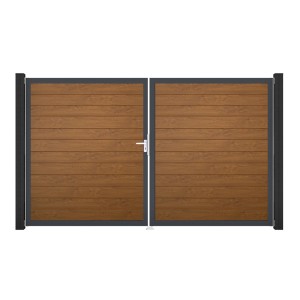 GroJa 2-flügeliges Tor Basicline Schmal Golden Oak, Ansicht von vorne. Sichtschutzzaun Tor mit Aluminiumrahmen.