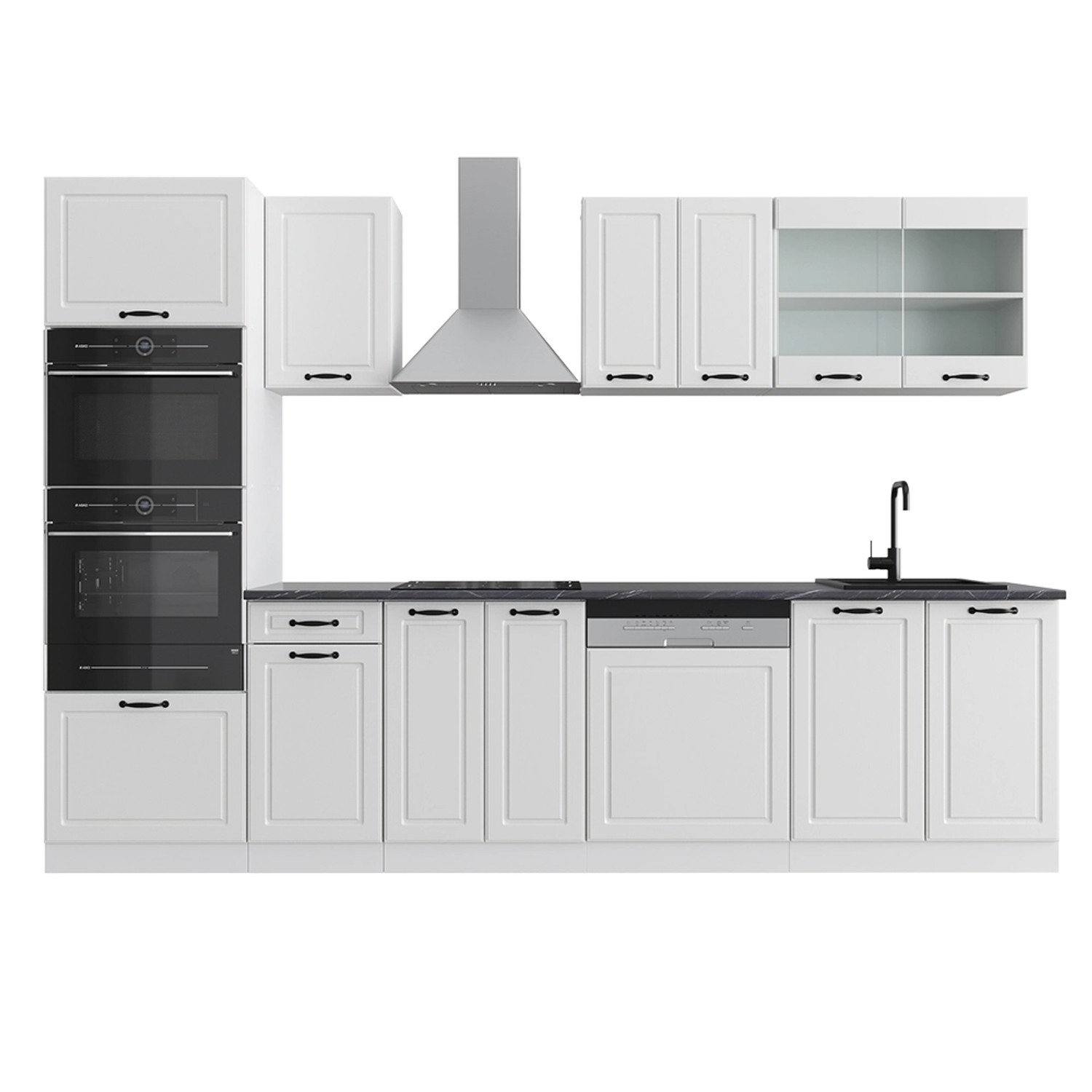 Vicco R-Line Küchenzeile Weiß Landhaus/Weiß 300 cm mit Hochschrankohne Arbe günstig online kaufen