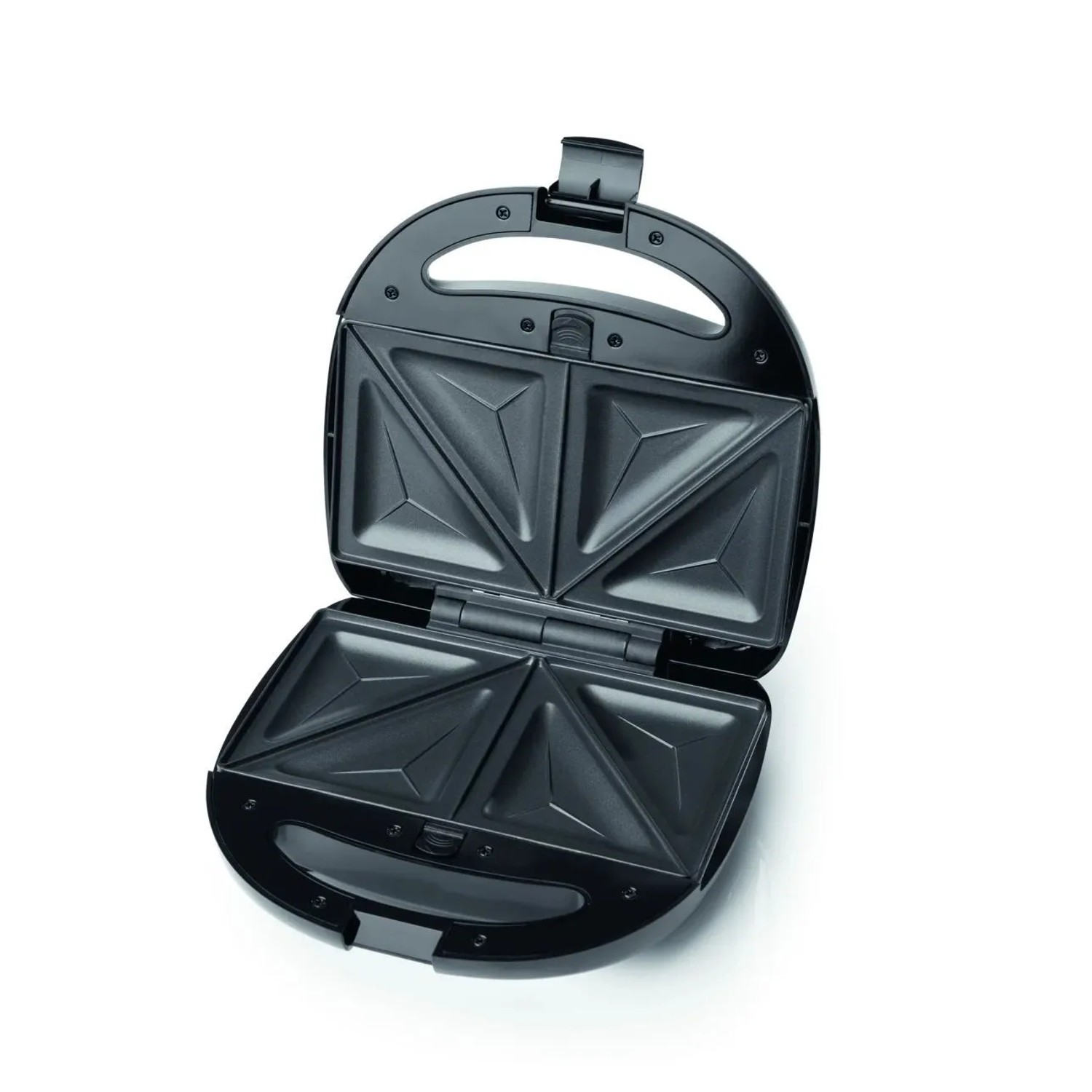 Offener, schwarzer Westfalia 3-in-1 Tischgrill mit Sandwichplatten.