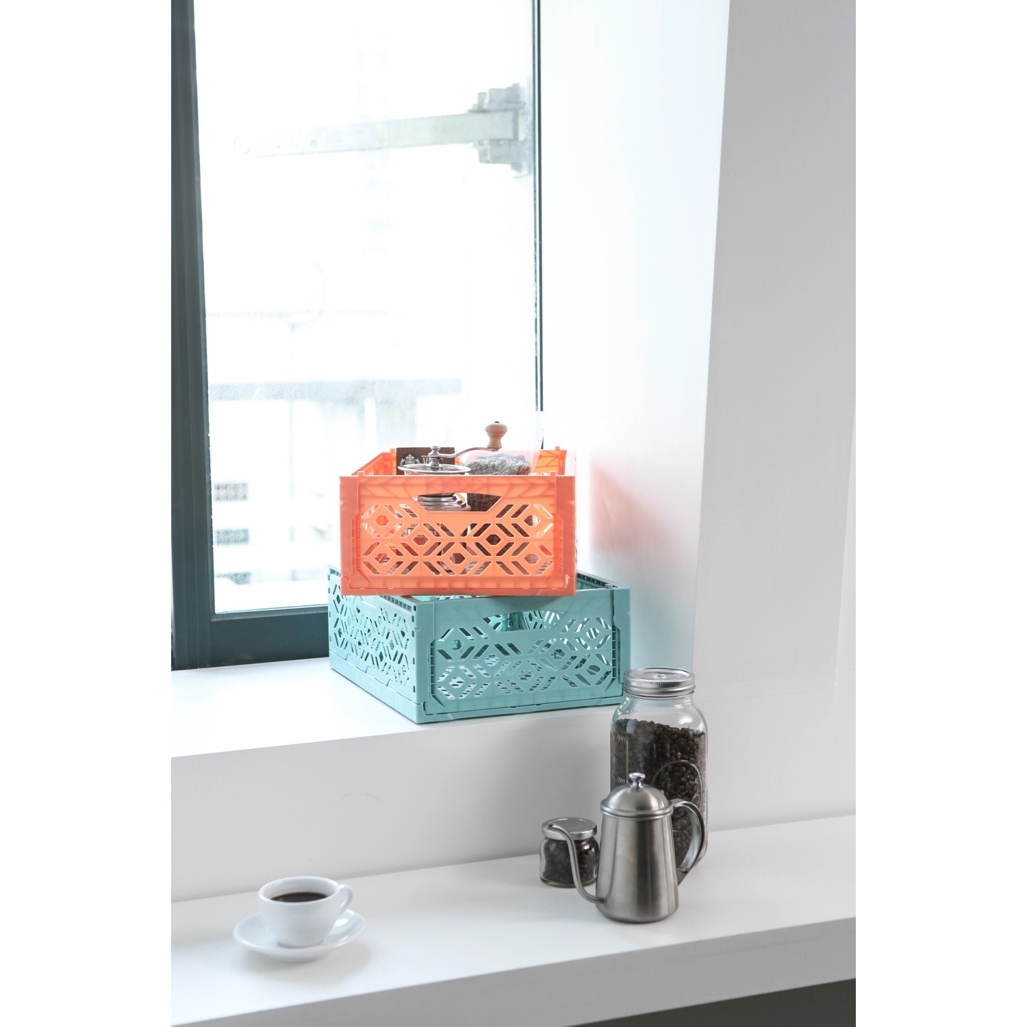 Zwei Klappboxen-Mini (türkis & orange) gestapelt, dekoratives Muster, Aufbewahrungsboxen.
