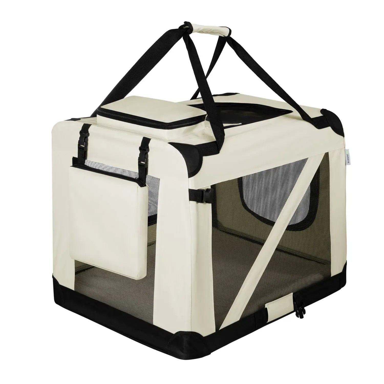 Juskys Faltbare Hundetransportbox Lassie L Beige aus Oxford-Gewebe mit Tragegurt und Außentasche.