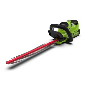Greenworks Akku-Heckenschere G40HT61K2 Set mit Akku und Ladegerät. Heckenschneider in Grün und Schwarz mit roter Schneide.