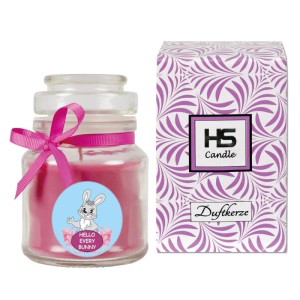 HS Candle Duftkerze im Bonbonglas, lila Lavendel Duft, mit Hasenmotiv und Geschenkbox.