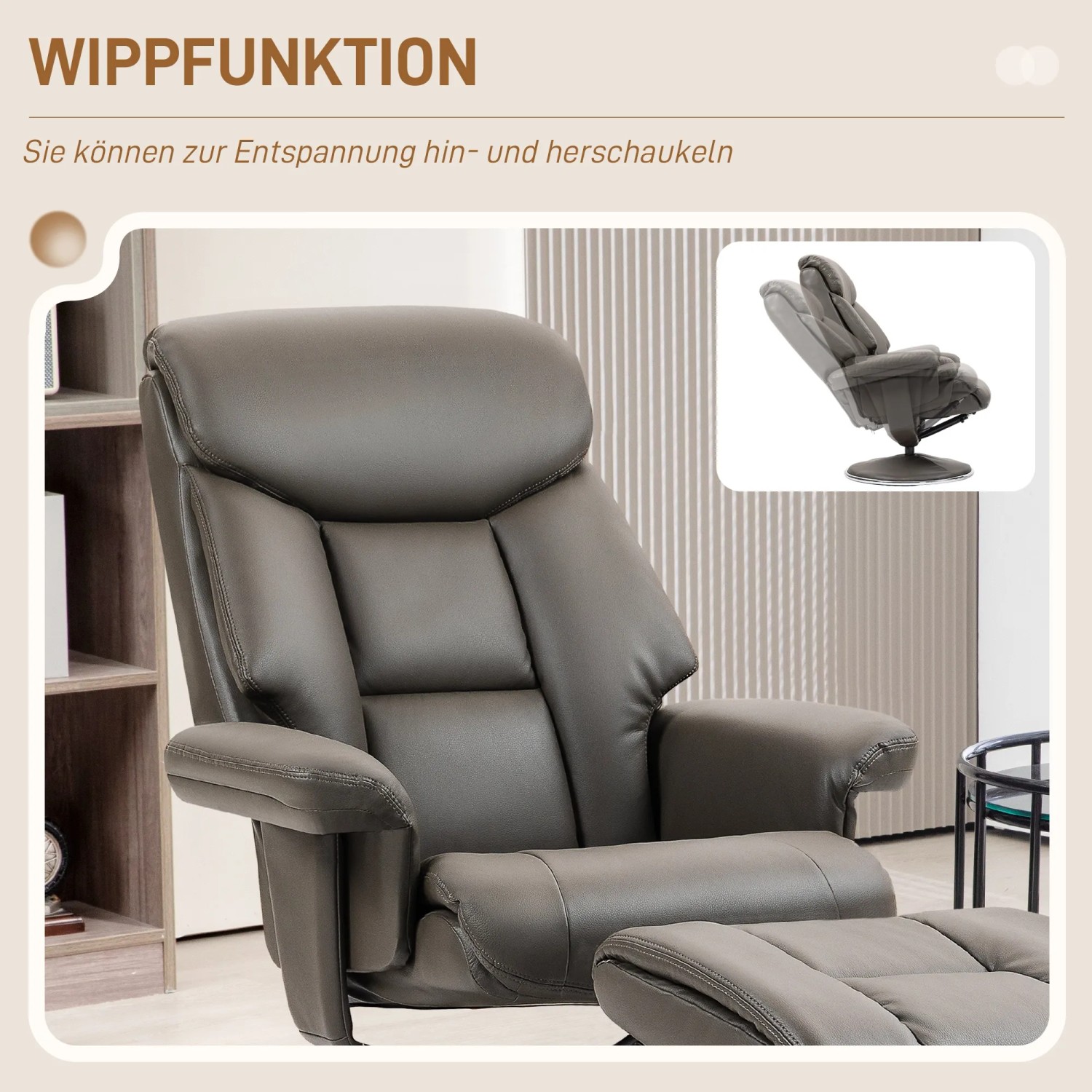 Grauer Relaxsessel mit Hocker und Wippfunktion aus Kunstleder von HOMCOM.
