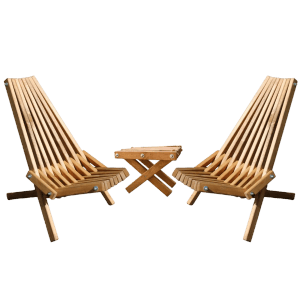 Holz4home Gartenmöbel Set: 2 Liegestühle und 1 Tisch aus Kiefernholz im skandinavischen Design.