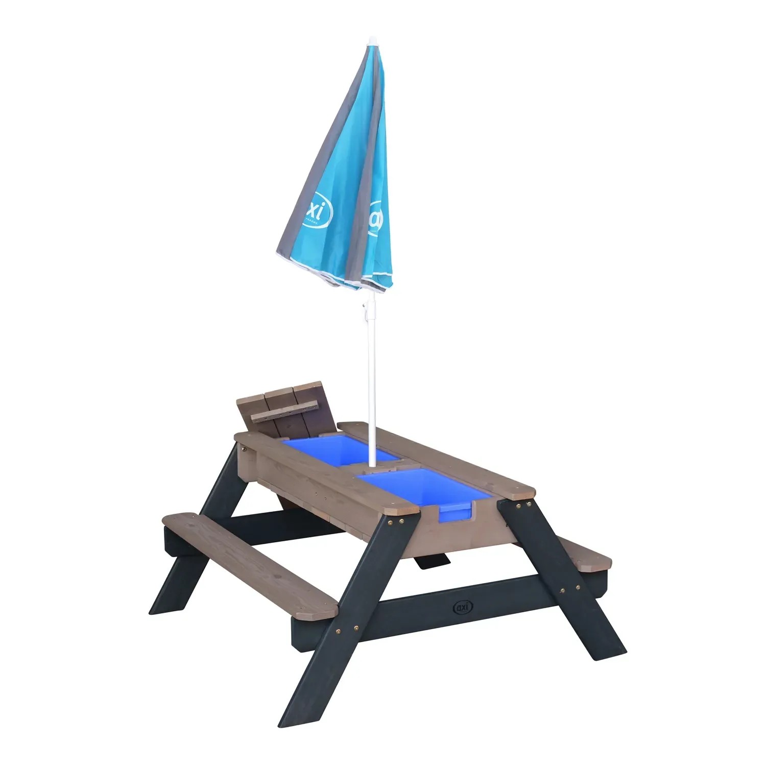 Axi Sand- und Wasser-Picknicktisch Nick grau/blau mit Sonnenschirm, ideal für Kinder.