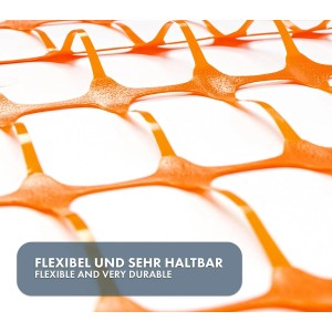 Detailaufnahme: Oranger KARAT Absperrzaun Chester mit rechteckiger Maschenstruktur.