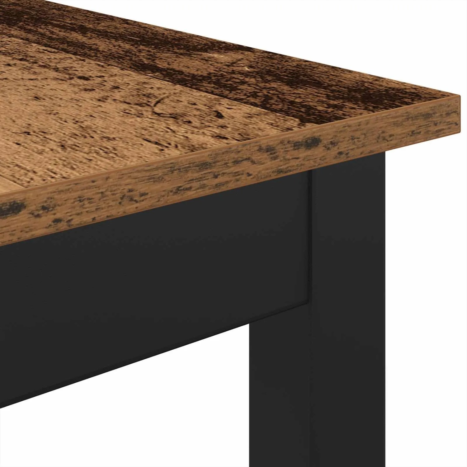 Moderner Esstisch aus Holzwerkstoff: braune Platte mit Holzmaserung, schwarze Metallbeine. Robustes Design.