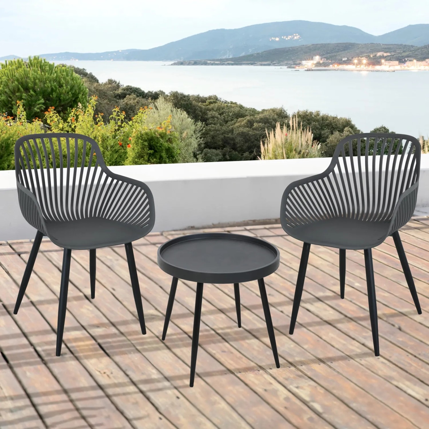 Svita Philly Sitzgruppe, 3-teilig, grau/schwarz. Gartenmöbel Set mit Tisch und zwei Stühlen.