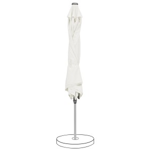 Geschlossener Suncomfort by Glatz Marktschirm in Sand mit Handöffner und angedeutetem Schirmständer.