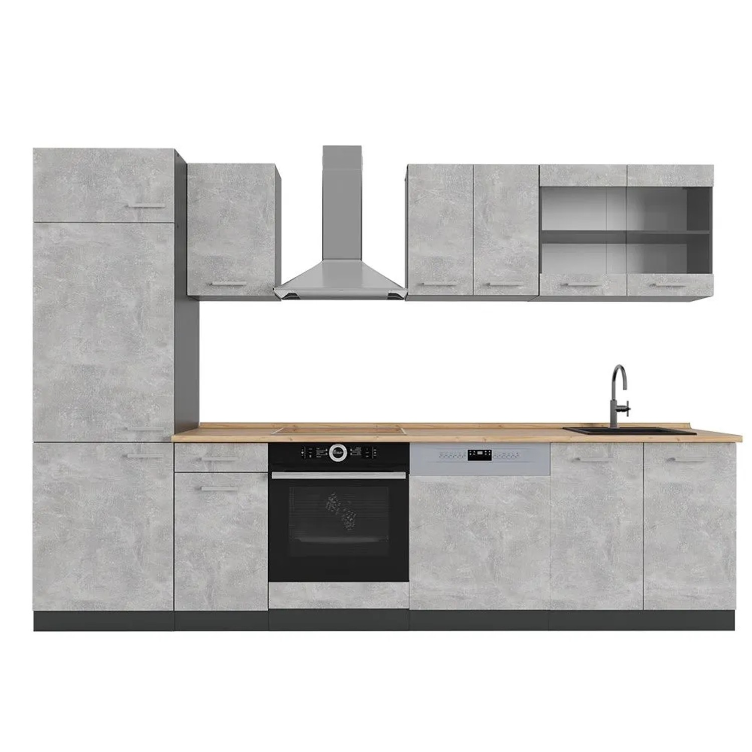 Vicco R-Line Küchenzeile Beton Anthrazit 300 cm ohne Arbeitsplatte ohne E-Geräte