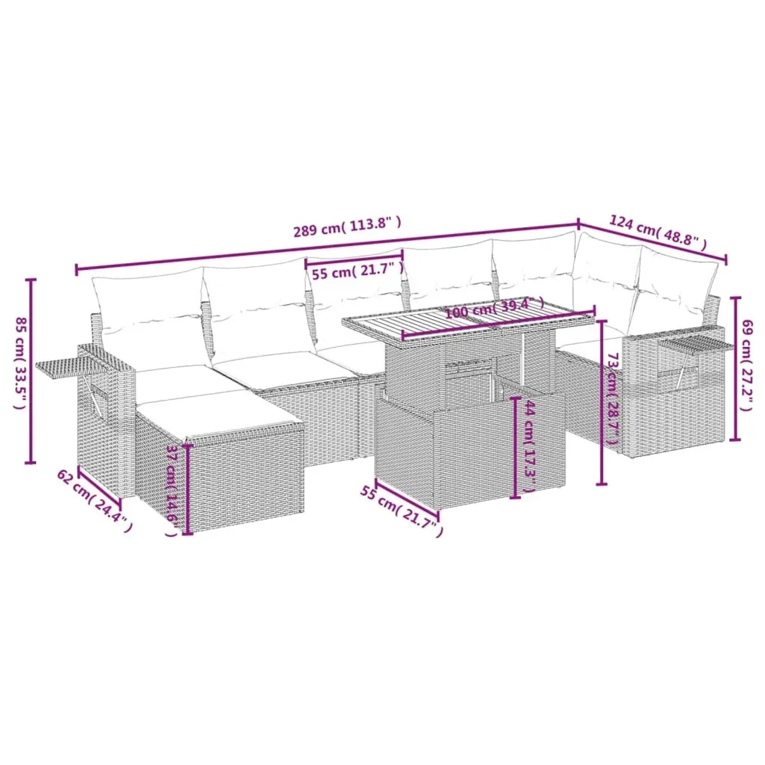 Graue 8-tlg. vidaXL Garten-Sofagarnitur aus Polyrattan mit Tisch und Kissen.