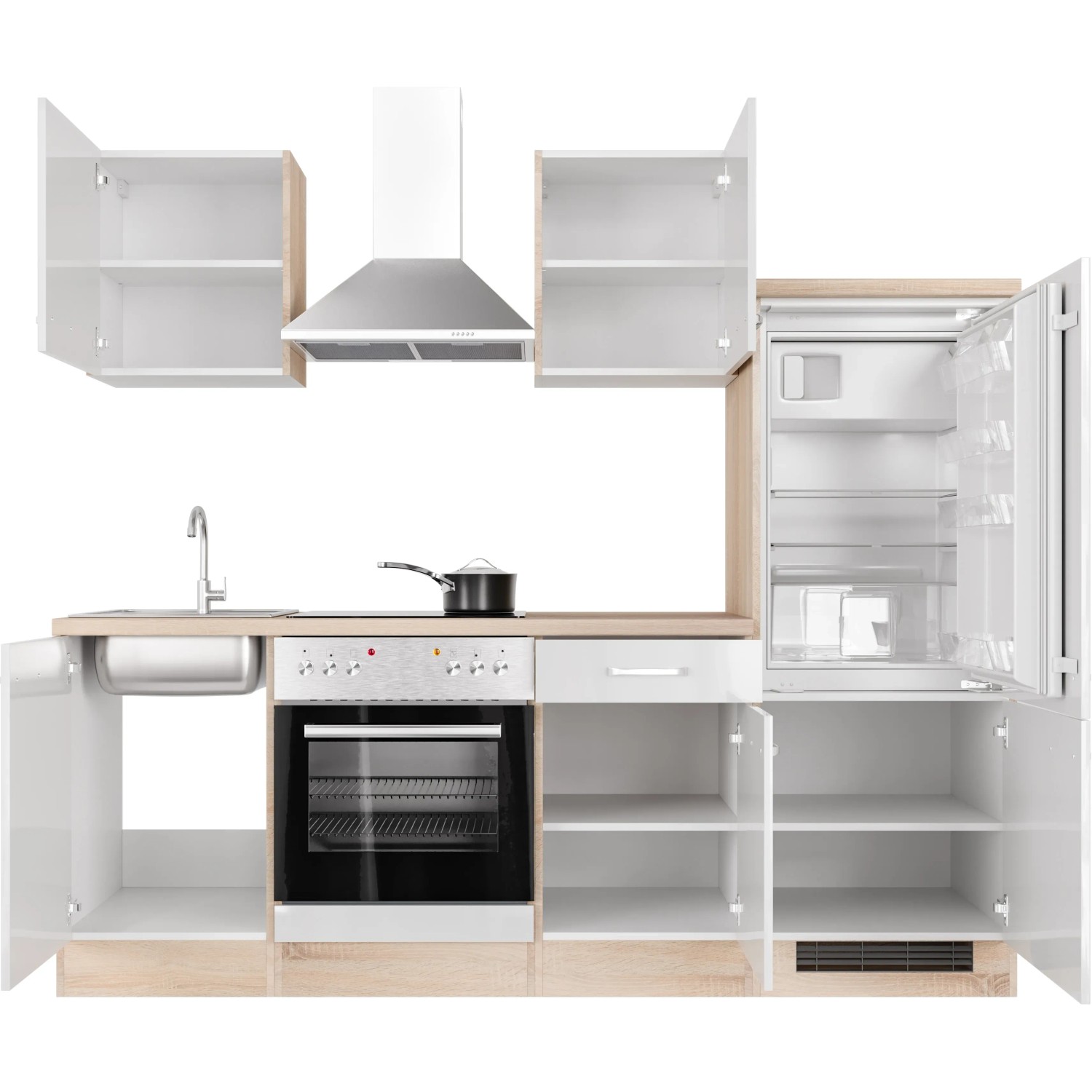 Flex-Well Küchenzeile Valero, 220 cm, Hochglanz Weiß/Sonoma Eiche, mit E-Geräten.