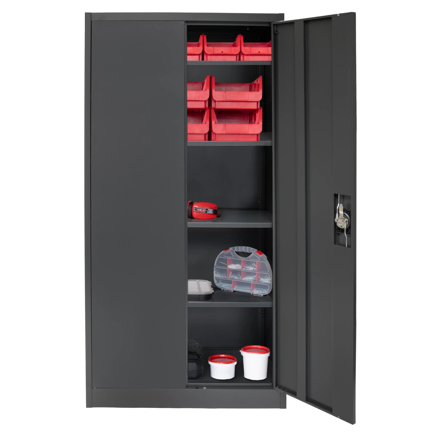 Offener, anthrazitfarbener Rikta Metallschrank 168x80x40 cm mit vier Einlegeböden und Werkzeug.