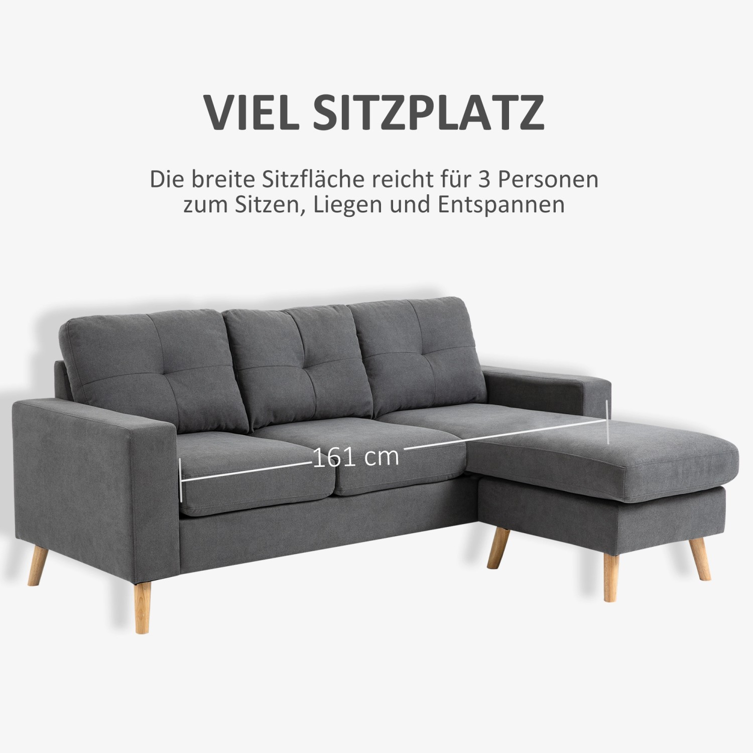 Graues HOMCOM Ecksofa in L-Form mit Leinenoptik und Chaiselongue.
