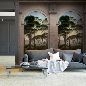 PROFHOME Fototapete Architektur Grau/Grün mit Waldmotiv im Wohnzimmer.