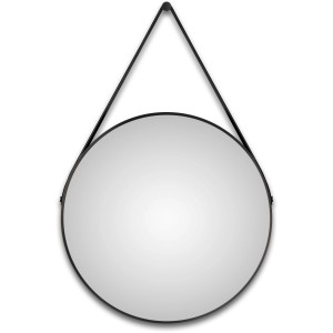 Runder LED-Lichtspiegel Silver Barbier, Ø 80 cm, mit schwarzem Rahmen und Lederband.