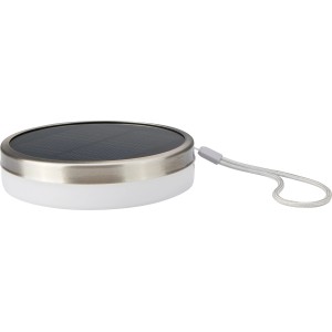 Schwarze/silberne Solarbox mit 40 LEDs und Trageschlaufe für den Außenbereich.