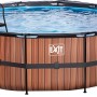 EXIT Wood Pool, braun, ø 488 cm, mit Leiter, Abdeckung und Wärmepumpe.