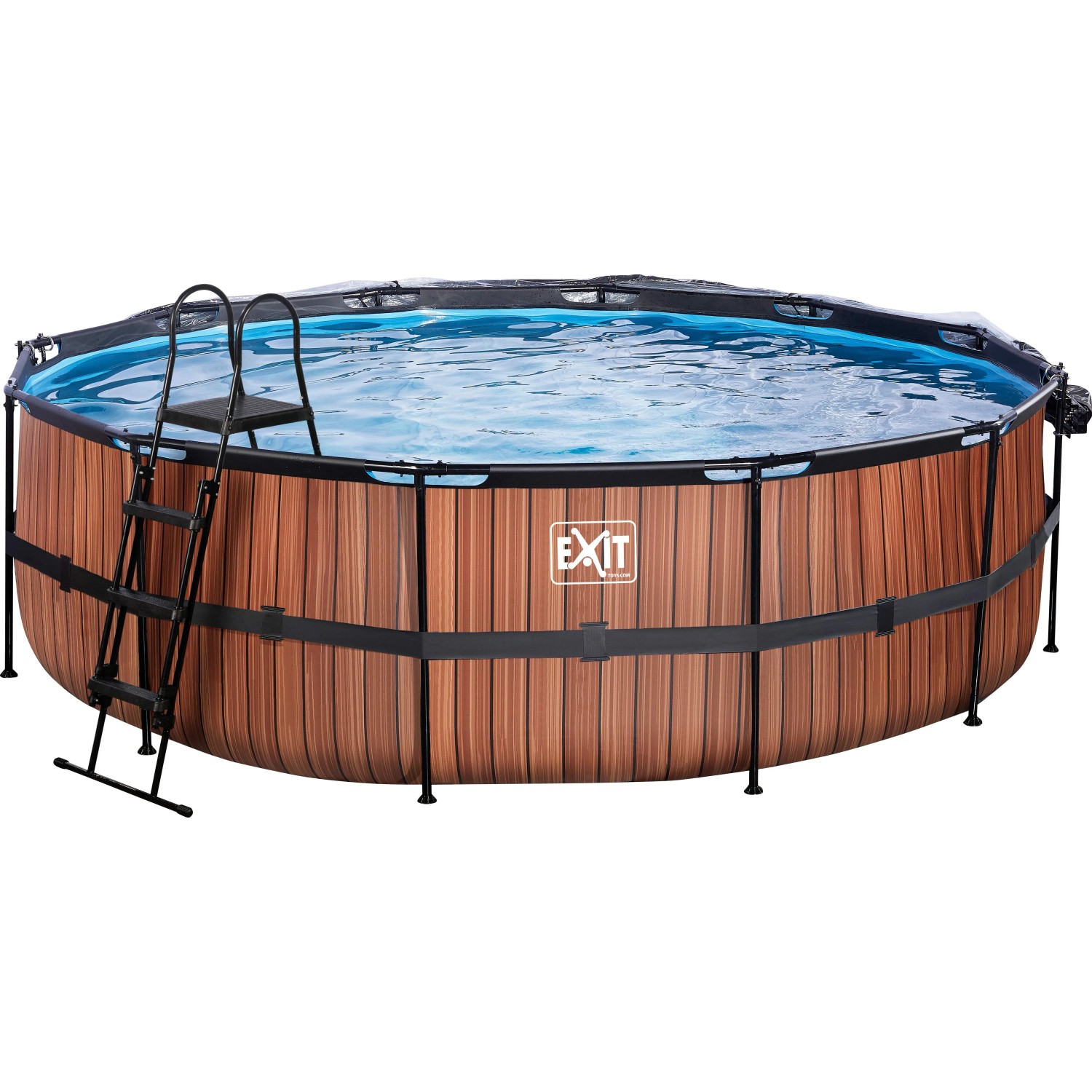 EXIT Wood Pool, braun, ø 488 cm, mit Leiter, Abdeckung und Wärmepumpe.