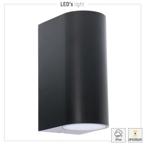 Moderne, schwarze LED`s light Außenwandleuchte, halbrunde Form, 2-flammig für blendfreie Beleuchtung.