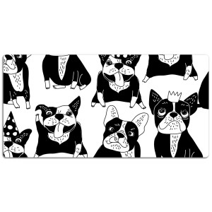 Weiße Schreibtischunterlage mit fröhlichen, schwarz-weißen Cartoon-Hunden. Schutzmatte für Schreibtisch & Büro.