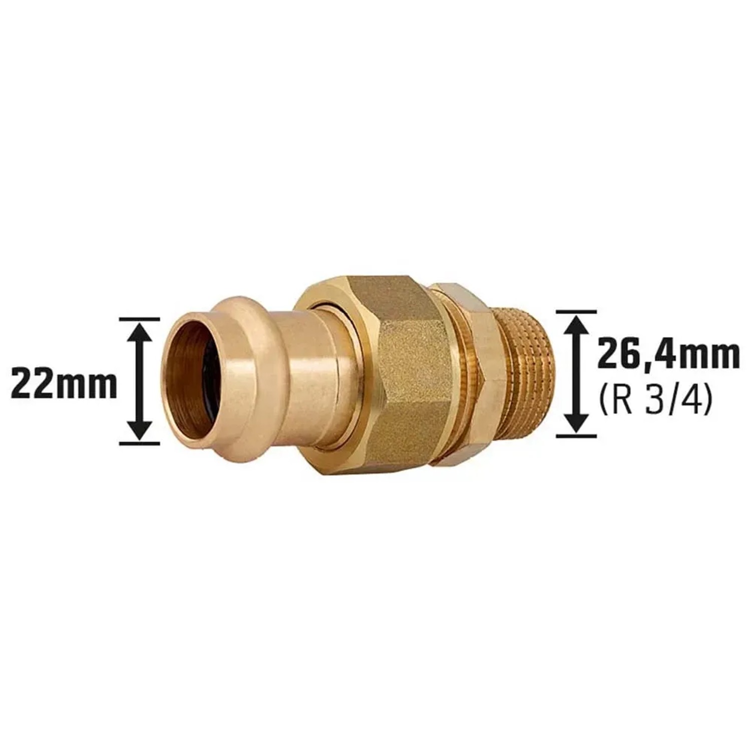 Pressverschraubung aus Rotguss, 22 mm x 26,4 mm (R 3/4), für Kupferrohre.
