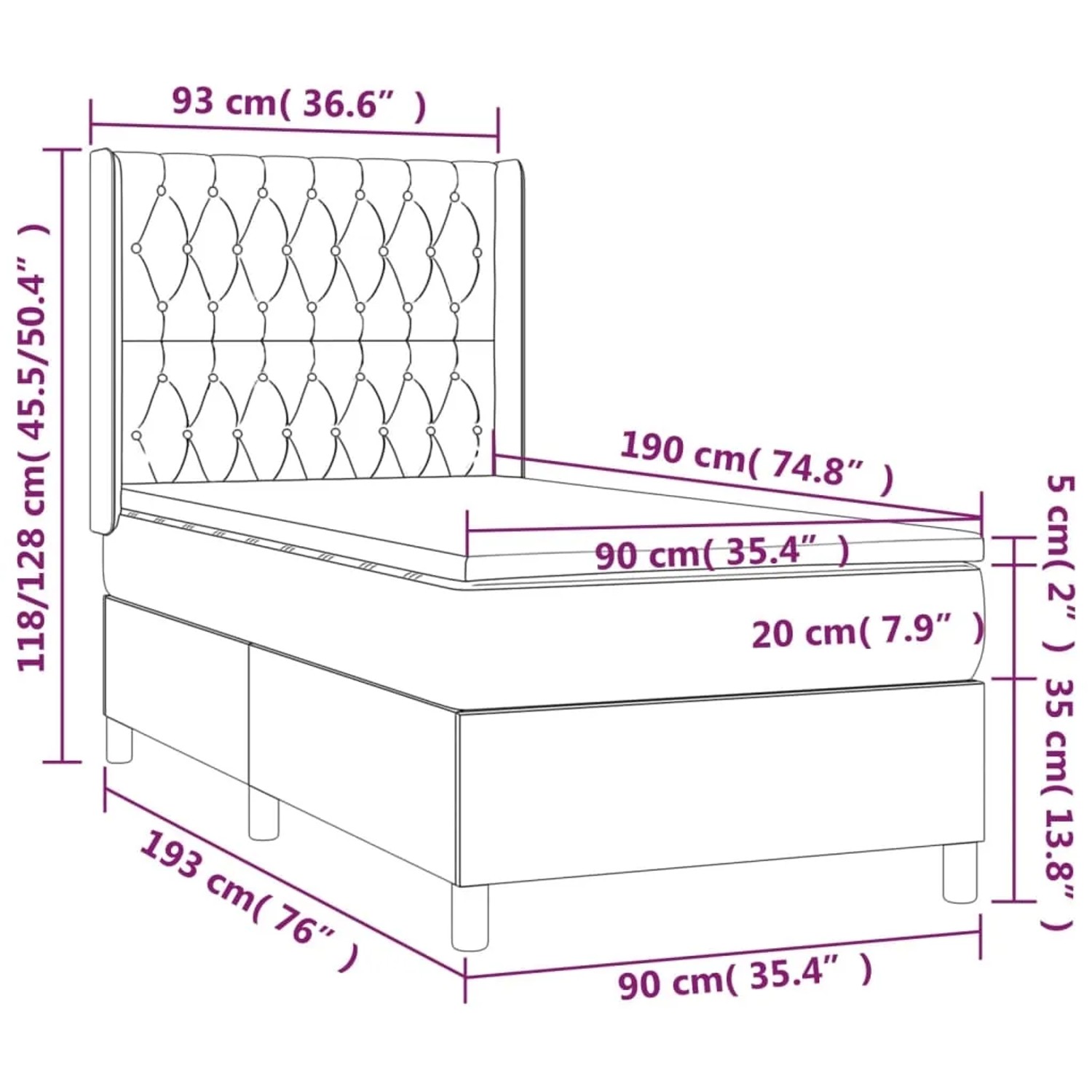 vidaXL Boxspringbett dunkelgrau (90x190 cm) mit Matratze und Kopfteil, Stoffbezug. Bett Details mit Maßen.