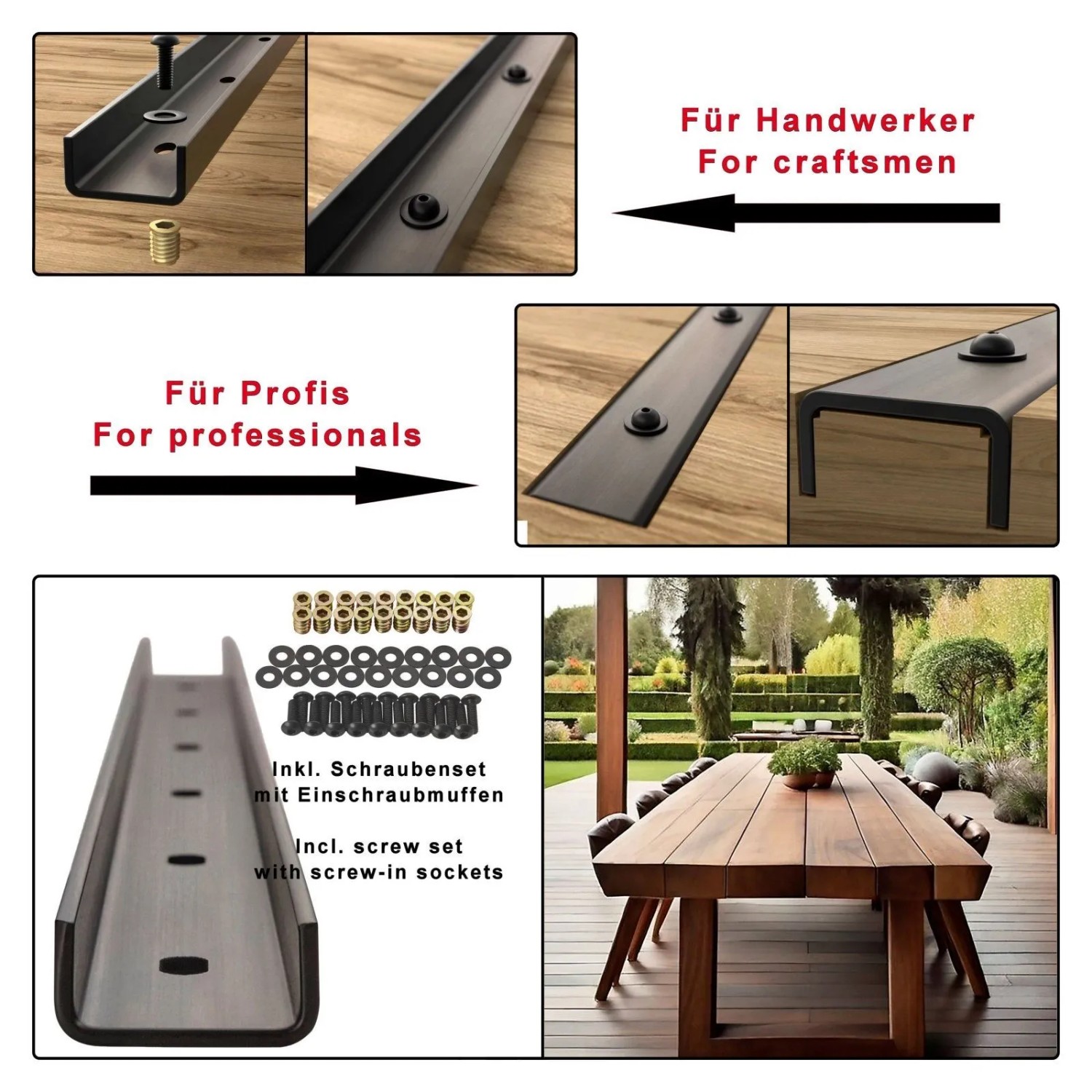 SOTECH 3 Stück Gratleisten U-Form 900 x 40 x 20 mm Vintage Look für Tischplatten_2