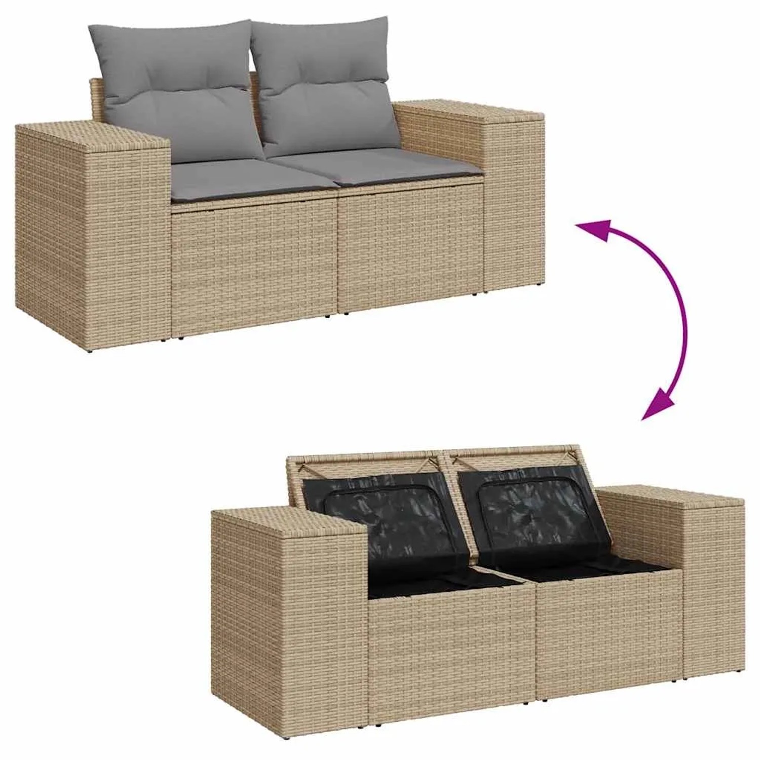 Beige 4-tlg. Rattan Garten-Sofagarnitur mit Kissen und Stauraum, offen und geschlossen dargestellt.