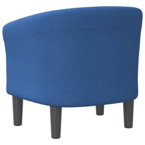 Blauer Clubsessel aus Stoff, Rückansicht. Gemütlicher Relaxsessel für Wohnzimmer und Büro.