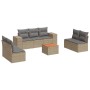Beige 8-tlg. Garten-Sofagarnitur aus Polyrattan mit Kissen und Akazientisch.