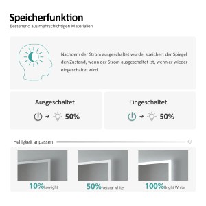 Emke LED Spiegel: Speicherfunktion mit Helligkeitsanpassung und Ein/Aus-Status.
