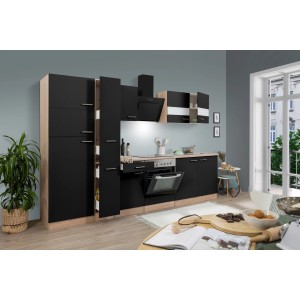 Respekta Küchenzeile KB300ESSCGKE, 300 cm, Schwarz und Eiche Sägerau Nachbildung.