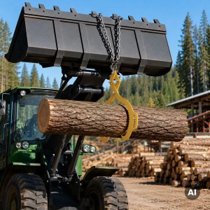 Gelbe Wiltec Forstzange am Traktor hebt Holzstamm im Wald. Ideal für Holzrücken bis 500kg.