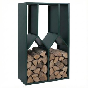 Grünes MCW Brennholzlager P76 aus Metall (160x95x50cm) mit Holzscheiten. Ordnung im Garten.