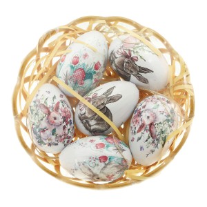 Osterkorb mit 6 bunten Eiern, Hasen- und Blumenmotiv, Ø 14,5 cm.